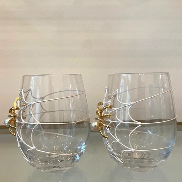Gorgeous Halloween Jeweled Spider on Web w/ Pearl Stemless Wine Glass Set of 2 - Picture 7 of 15